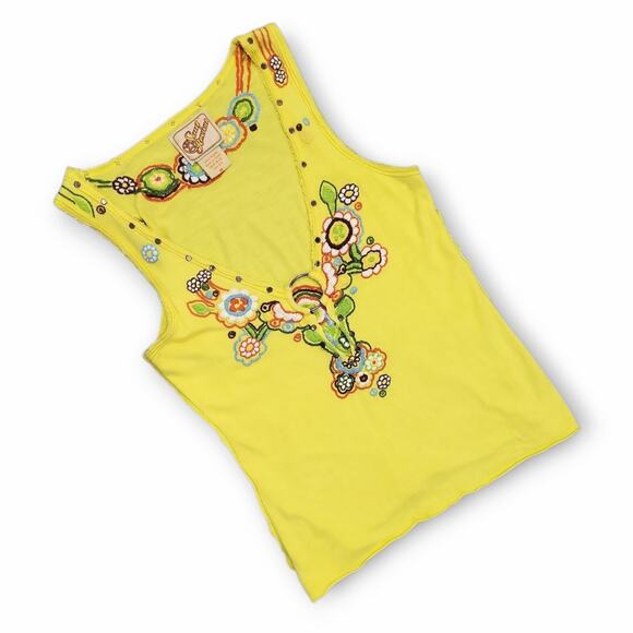 Soul Revival Tank Top Womens Medium  Yellow Embroidered Floral Festival Summer - Picture 1 of 10